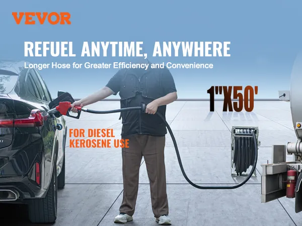 VEVOR fuel hose reel in use, demonstrating 1"x50' hose refueling a vehicle with diesel or kerosene.