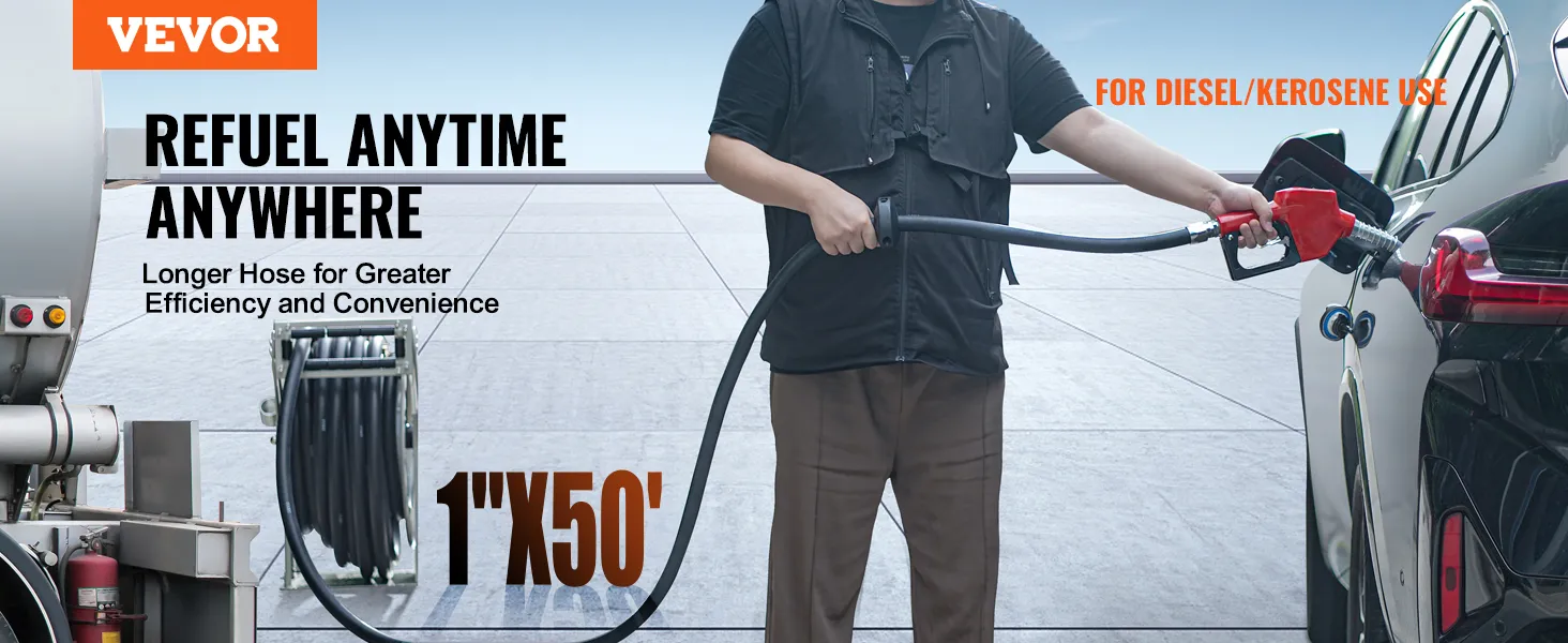 VEVOR fuel hose reel in use, demonstrating 1"x50' hose refueling a vehicle with diesel or kerosene.