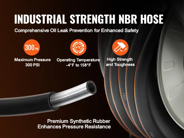 VEVOR fuel hose reel showcasing industrial strength nbr hose, 300 psi, high strength, and toughness.