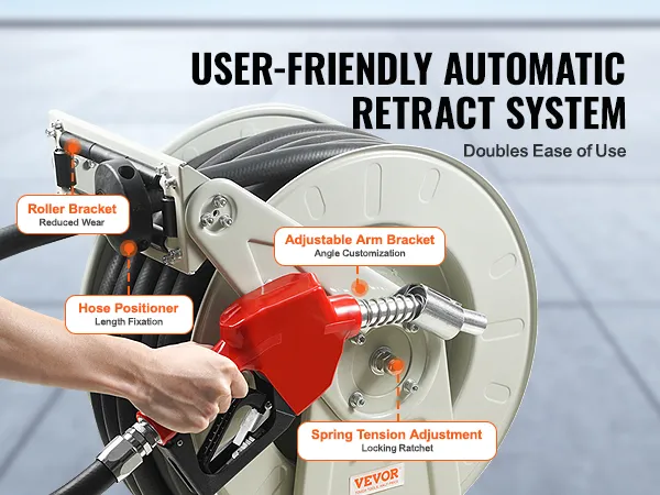 VEVOR fuel hose reel with user-friendly automatic retract system, adjustable arm bracket, and hose positioner.