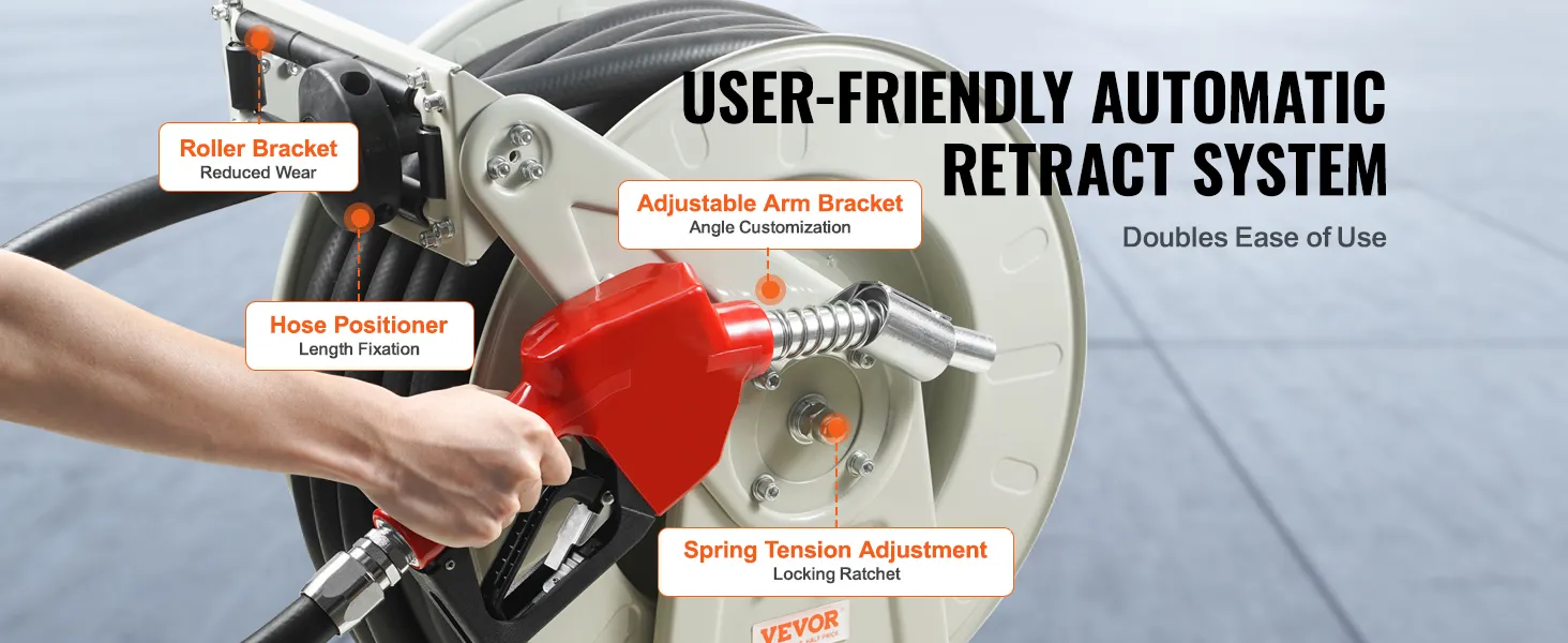VEVOR fuel hose reel with user-friendly automatic retract system, adjustable arm bracket, and hose positioner.