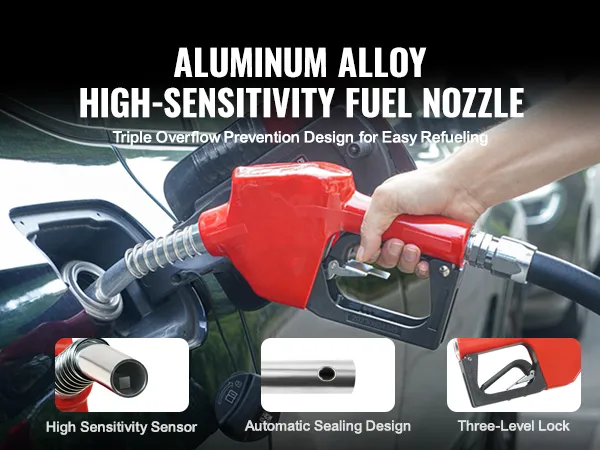 aluminum alloy high-sensitivity fuel nozzle with high sensitivity sensor, three-level lock, and automatic sealing design.