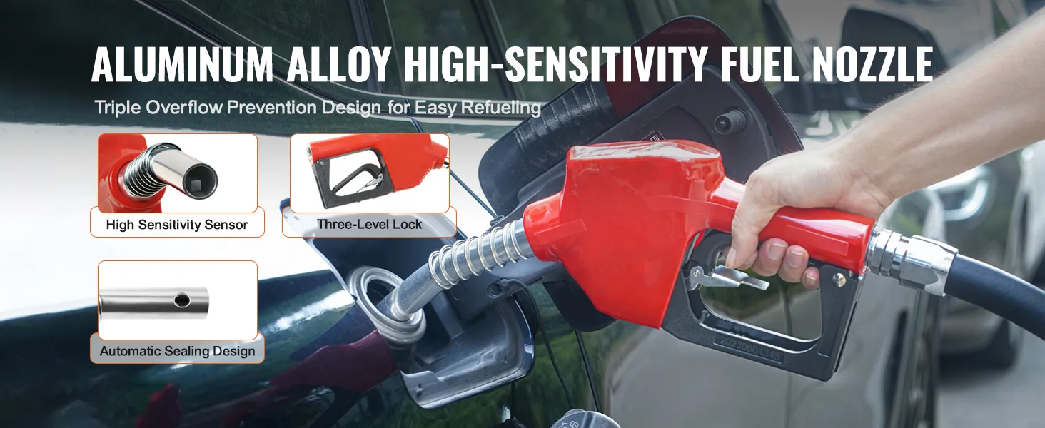 aluminum alloy high-sensitivity fuel nozzle with high sensitivity sensor, three-level lock, and automatic sealing design.
