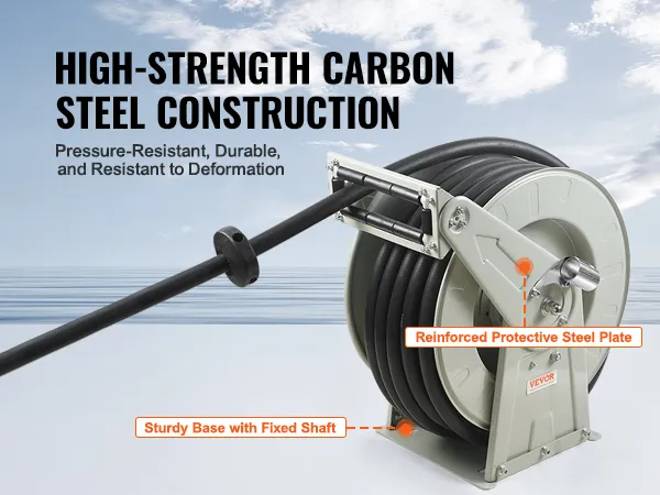 VEVOR fuel hose reel featuring high-strength carbon steel construction and reinforced protective steel plate.