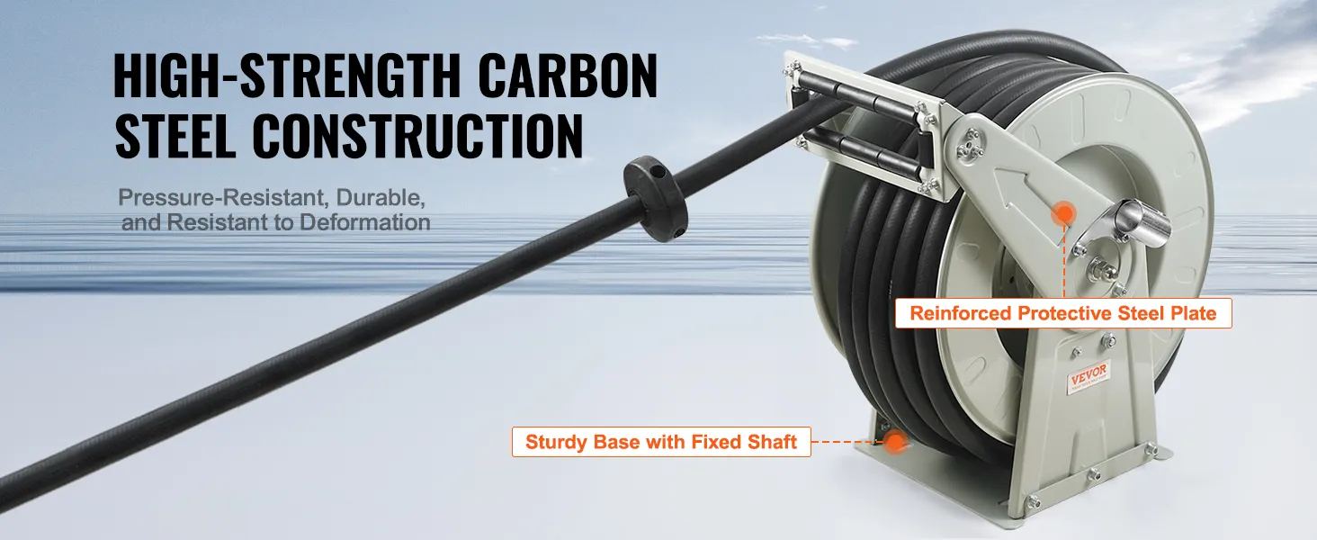 VEVOR fuel hose reel featuring high-strength carbon steel construction and reinforced protective steel plate.