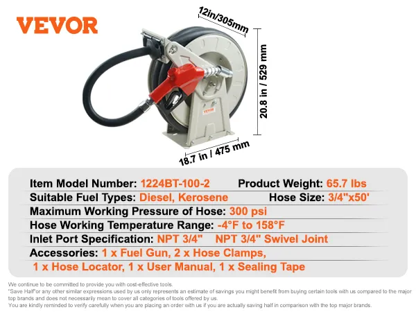 Bęben na wąż paliwowy VEVOR, 3/4" x 50', 300 psi, do oleju napędowego i nafty, z pistoletem do tankowania, lokalizatorem węża i zaciskami.