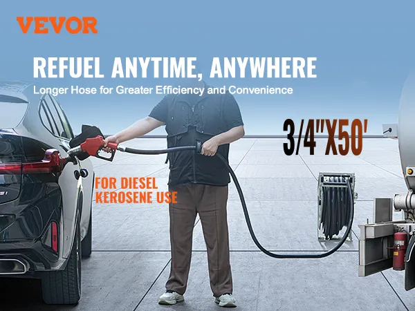 Bęben na wąż paliwowy VEVOR 3/4"x50' służący do tankowania samochodu, zwiększający wydajność i wygodę korzystania z oleju napędowego/nafty.