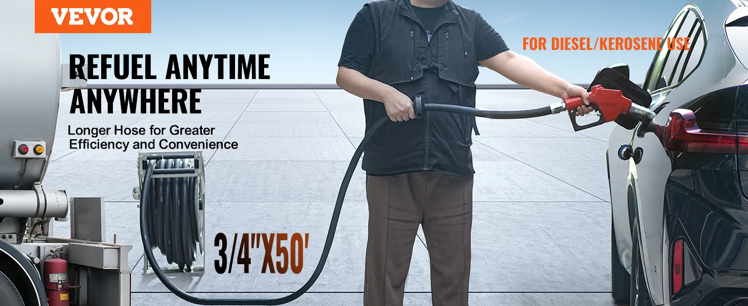 Bęben na wąż paliwowy VEVOR 3/4"x50' służący do tankowania samochodu, zwiększający wydajność i wygodę korzystania z oleju napędowego/nafty.