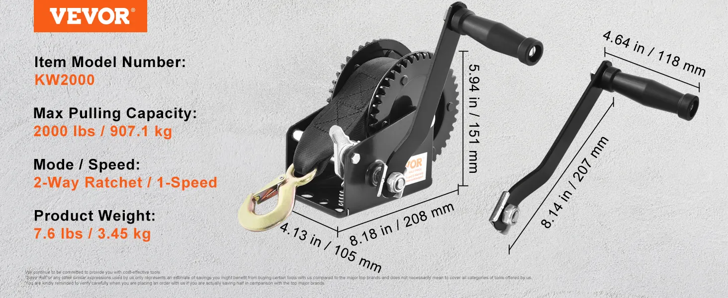 VEVOR hand winch kw2000: 2000 lbs capacity, 2-way ratchet, 1-speed, 7.6 lbs, dimensions, black design.