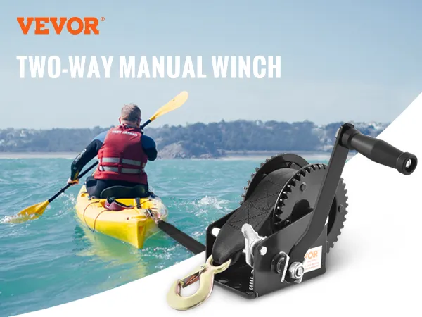 VEVOR hand winch 2000 lbs pulling capacity with 23 ft strap, two-way ratchet, and effort-saving handle.