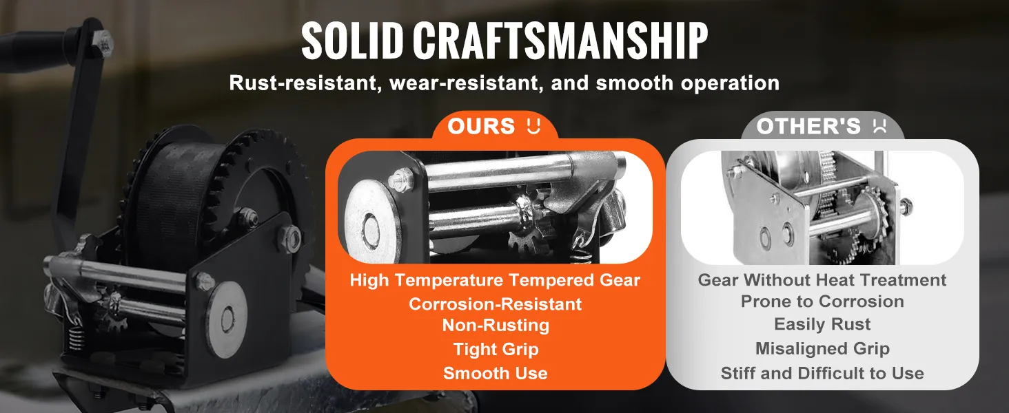 VEVOR hand winch with corrosion-resistant high-temperature tempered gear for smooth operation.