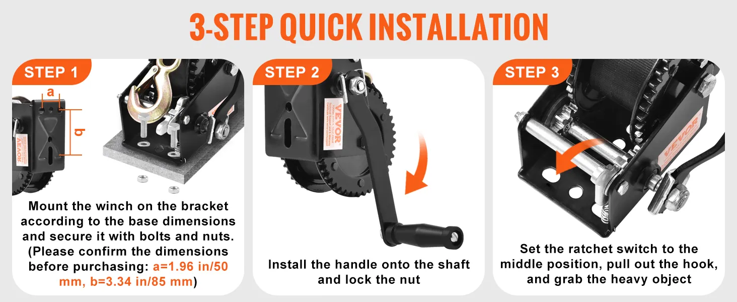 3-step installation guide for VEVOR hand winch; mount bracket, install handle, set ratchet switch.