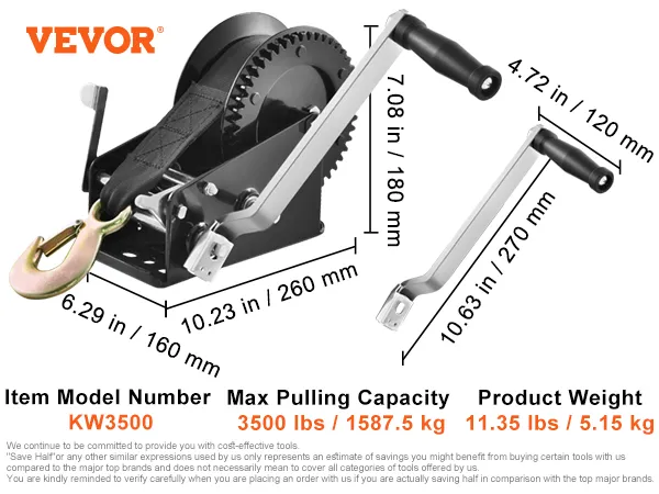 VEVOR hand winch kw3500, 3500 lbs capacity, 2-speed ratchet, 11.35 lbs weight, detailed measurements shown.