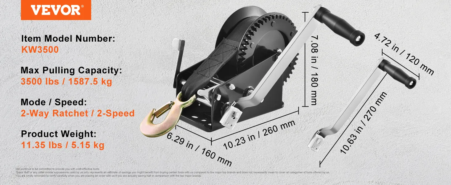 VEVOR hand winch kw3500, 3500 lbs capacity, 2-speed ratchet, 11.35 lbs weight, detailed measurements shown.
