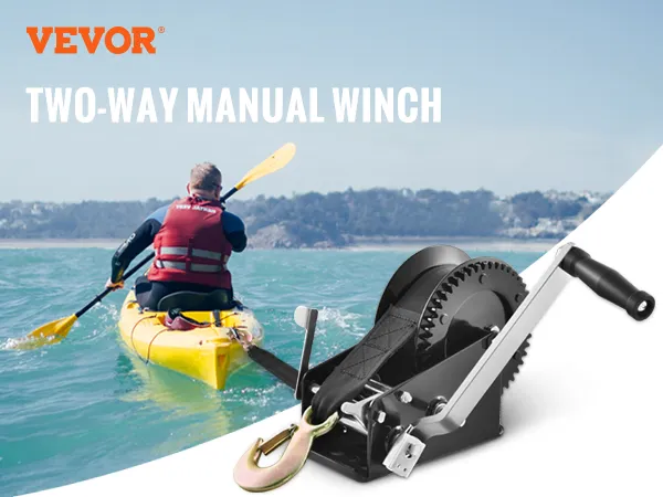 VEVOR hand winch ad with kayakers and product specs: 3500 lbs capacity, 33 ft strap, two-way ratchet.