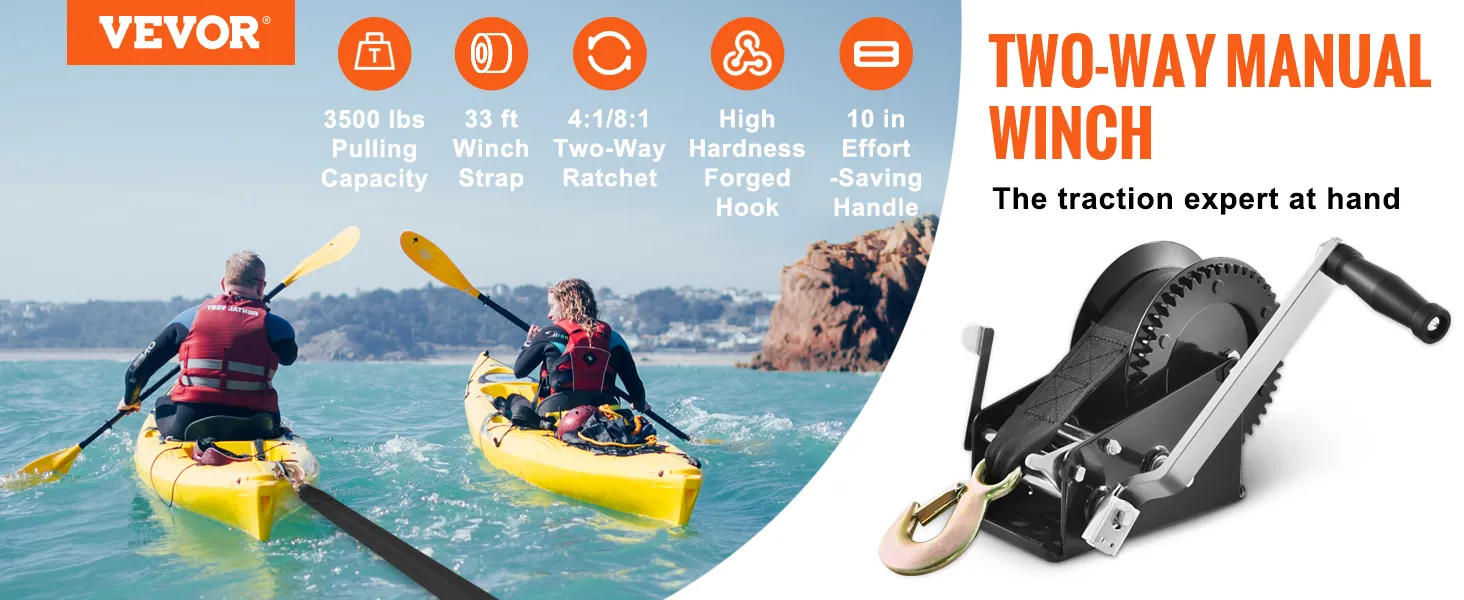 VEVOR hand winch ad with kayakers and product specs: 3500 lbs capacity, 33 ft strap, two-way ratchet.