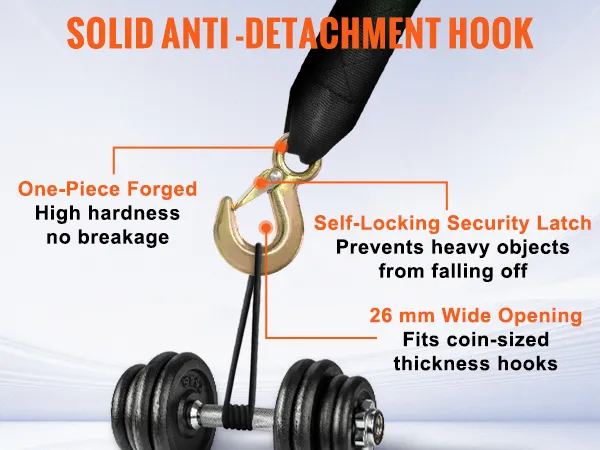 VEVOR hand winch hook with self-locking latch, one-piece forged and 26 mm wide opening, supports heavy lifting.