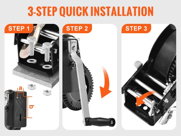3-step installation guide for mounting the VEVOR hand winch, adjusting handle, and setting ratchet switch.