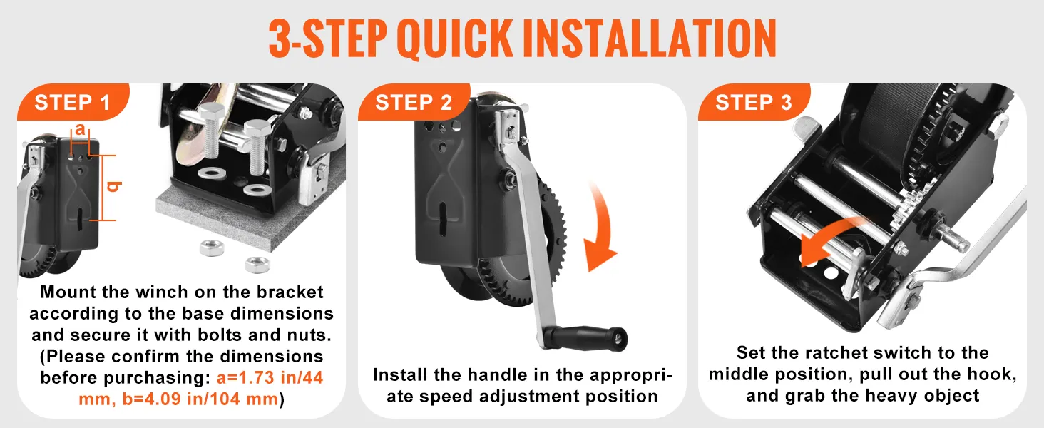 3-step installation guide for mounting the VEVOR hand winch, adjusting handle, and setting ratchet switch.