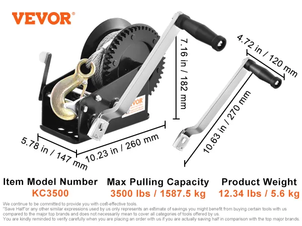 VEVOR hand winch kc3500 features, 2-way ratchet, 2-speed, 3500 lbs capacity, product dimensions.