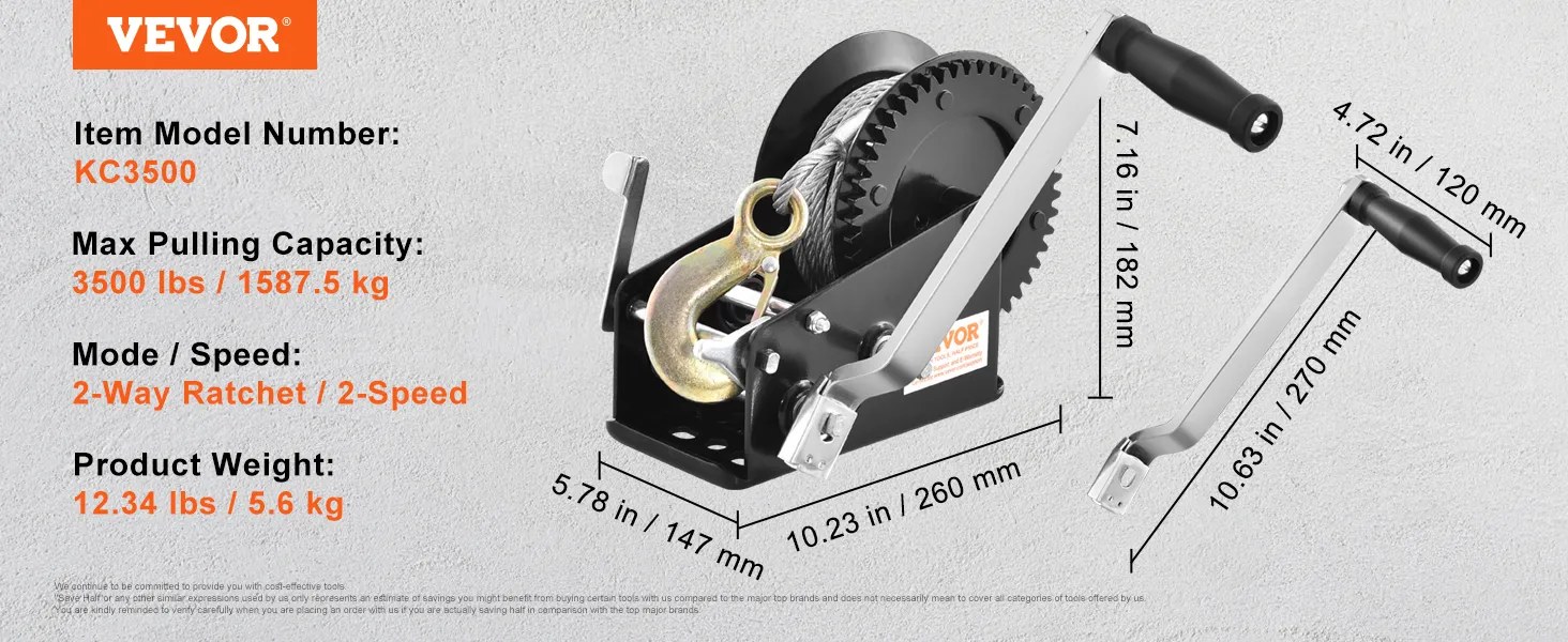 VEVOR hand winch kc3500 features, 2-way ratchet, 2-speed, 3500 lbs capacity, product dimensions.