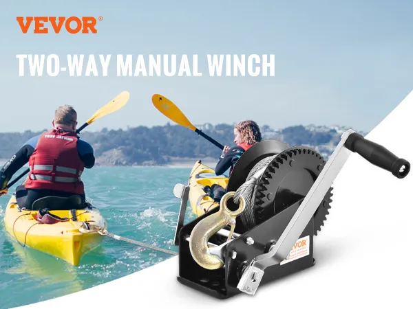 VEVOR hand winch with 3500 lbs pulling capacity, 33 ft strap, two kayakers in the ocean, rocky shore.