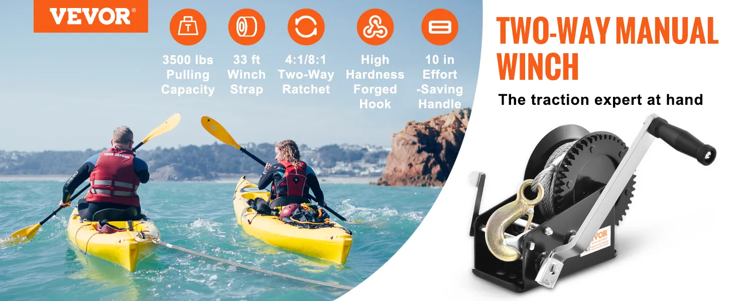 VEVOR hand winch with 3500 lbs pulling capacity, 33 ft strap, two kayakers in the ocean, rocky shore.