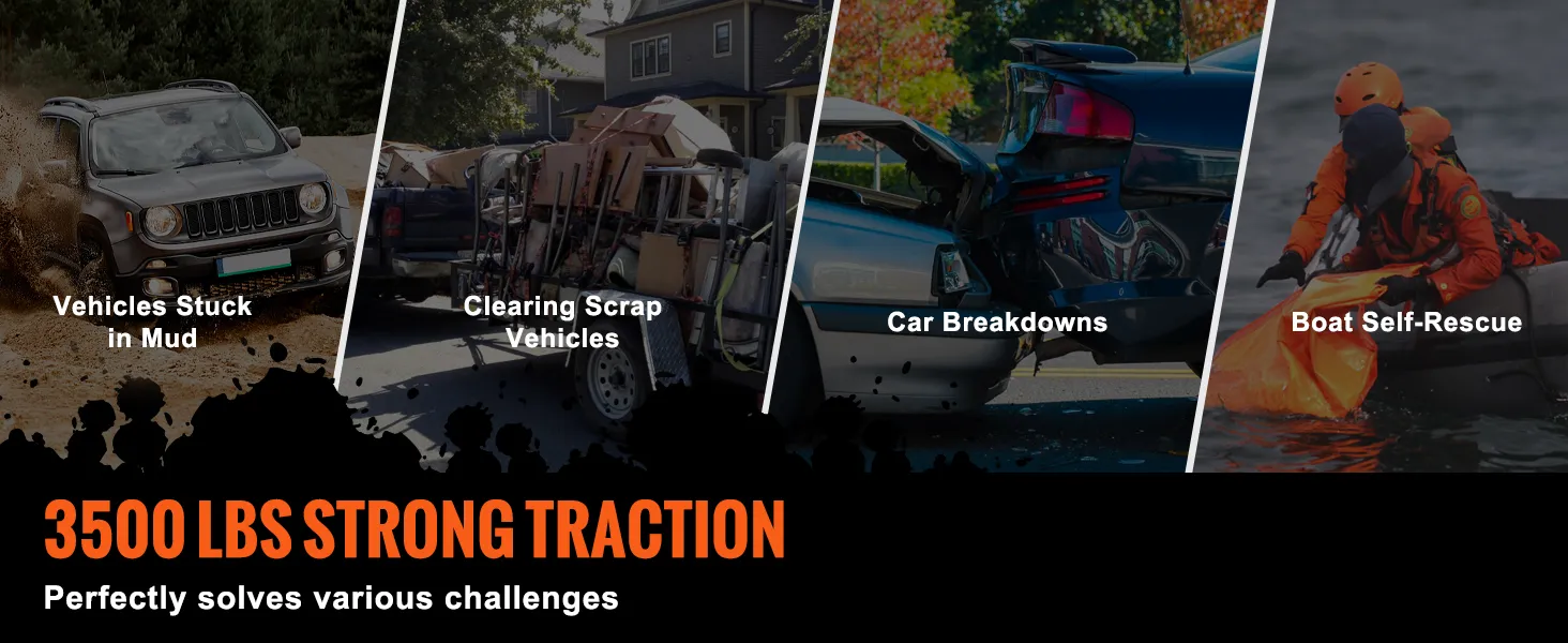 VEVOR hand winch, 3500 lbs strong traction for vehicles stuck in mud, clearing scrap, and boat self-rescue.