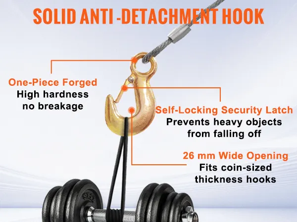 VEVOR hand winch with solid anti-detachment hook, self-locking latch, and 26 mm wide opening.