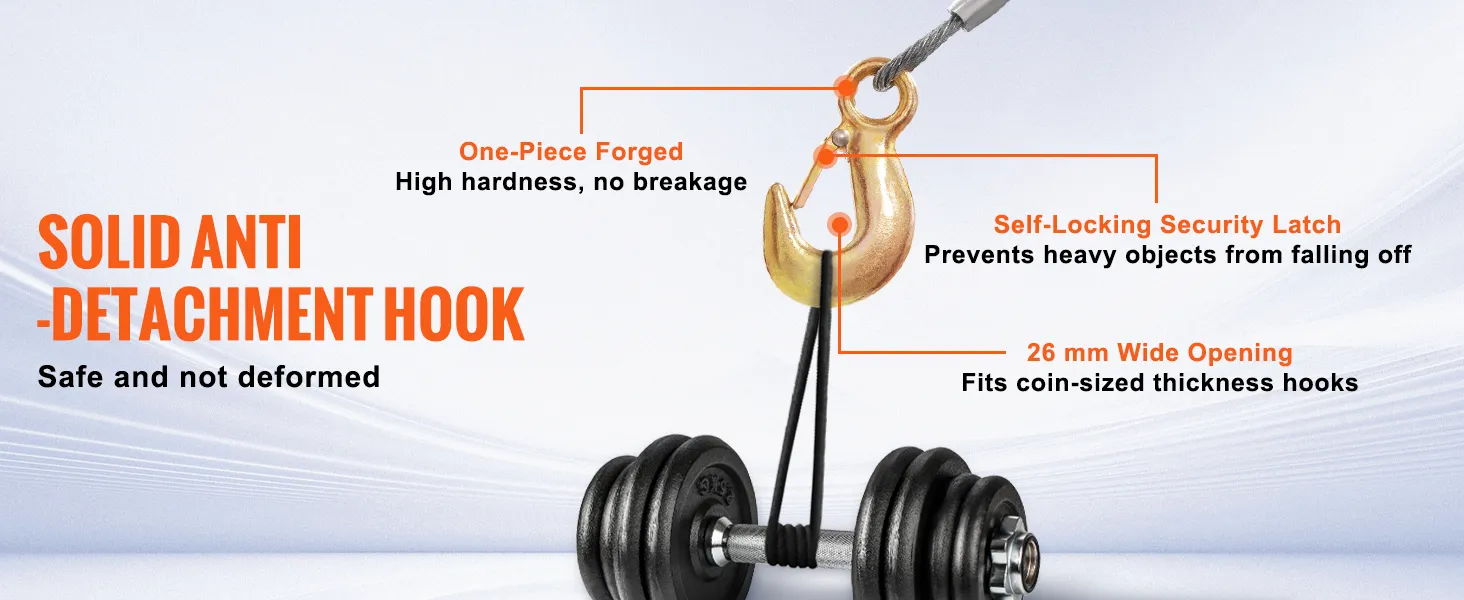 VEVOR hand winch with solid anti-detachment hook, self-locking latch, and 26 mm wide opening.