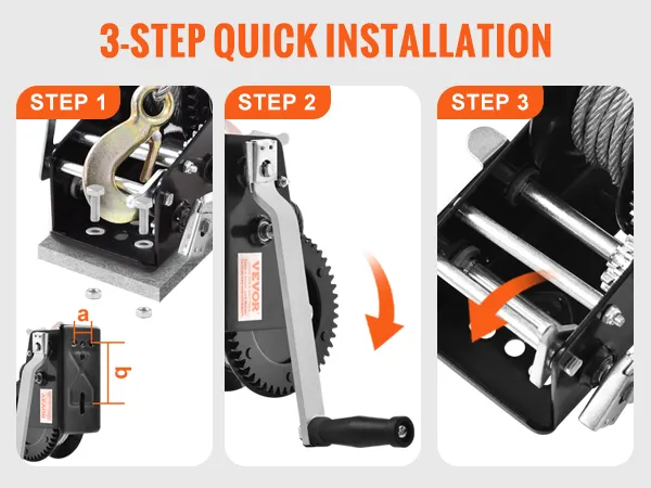 3-step installation guide for VEVOR hand winch: bracket mounting, handle installation, ratchet setup.