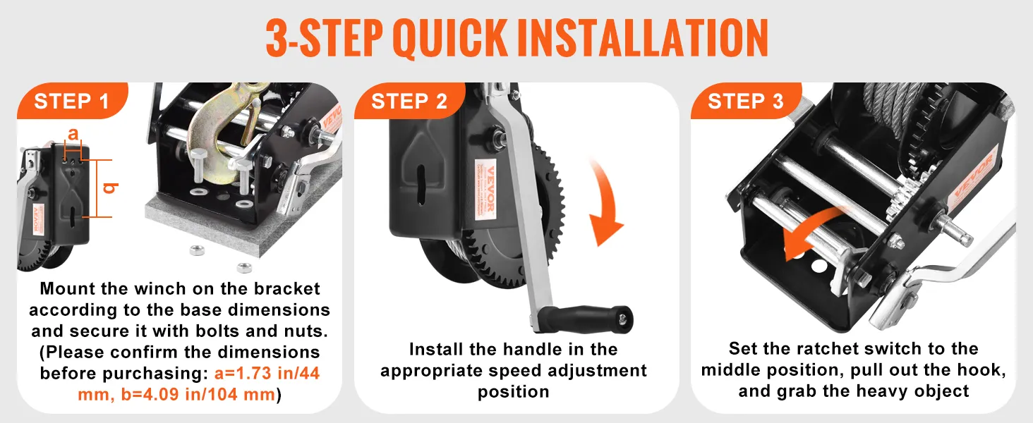 3-step installation guide for VEVOR hand winch: bracket mounting, handle installation, ratchet setup.