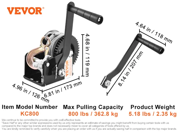 VEVOR boat trailer winch kc800 with 800 lbs capacity, 2-way ratchet, and 5.18 lbs weight