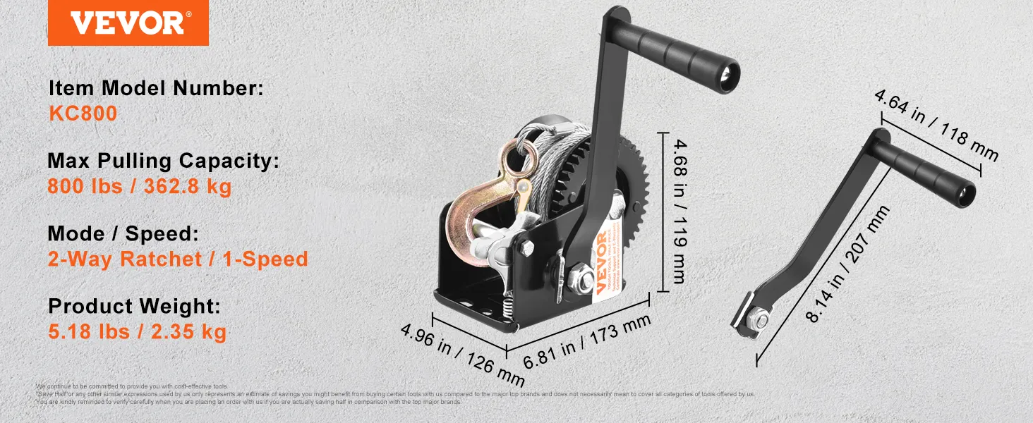VEVOR boat trailer winch kc800 with 800 lbs capacity, 2-way ratchet, and 5.18 lbs weight