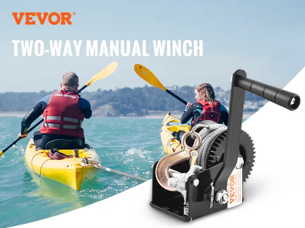two kayakers on the water, VEVOR boat trailer winch features: 800 lbs capacity, 33 ft strap, 3.1:1 ratchet.