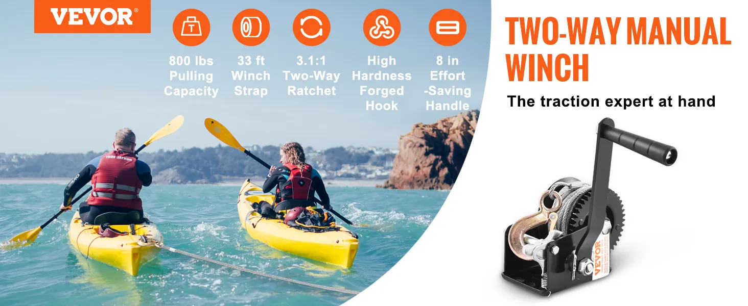 two kayakers on the water, VEVOR boat trailer winch features: 800 lbs capacity, 33 ft strap, 3.1:1 ratchet.
