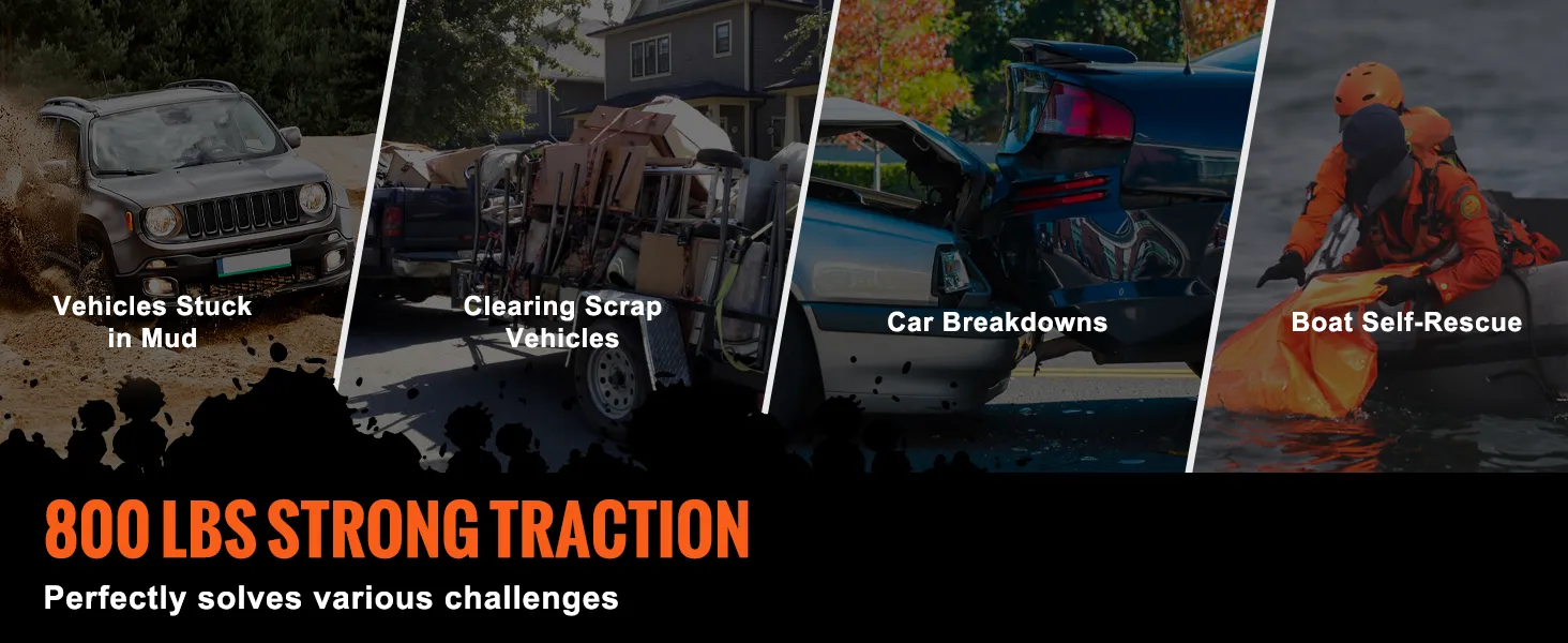 VEVOR boat trailer winch: vehicles stuck in mud, clearing scrap, car breakdowns, boat self-rescue. 800 lbs strong traction.