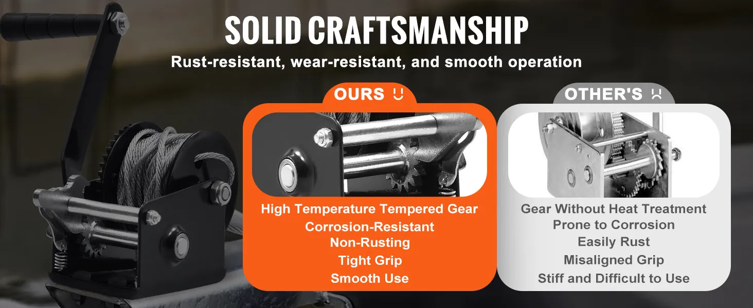 VEVOR boat trailer winch: solid craftsmanship, rust-resistant, smooth operation, and tight grip.