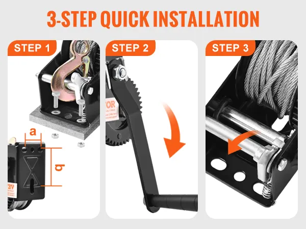 VEVOR boat trailer winch 3-step installation: mount winch, install handle, set ratchet switch.