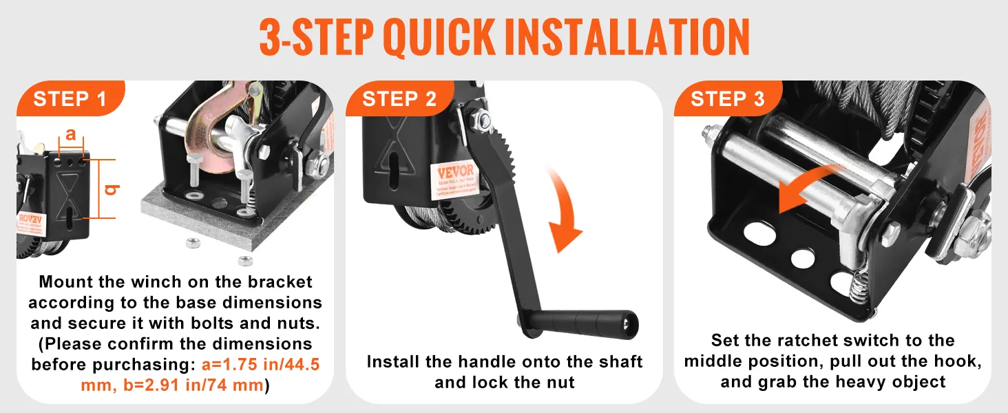 VEVOR boat trailer winch 3-step installation: mount winch, install handle, set ratchet switch.