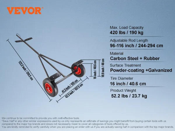 VEVOR boat trailer dolly, 420 lbs capacity, 96-116 inch adjustable length, carbon steel + rubber.