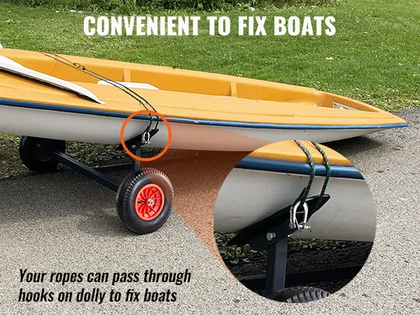 VEVOR boat trailer dolly with hooks and ropes securing a small boat on a paved path, yellow hull.