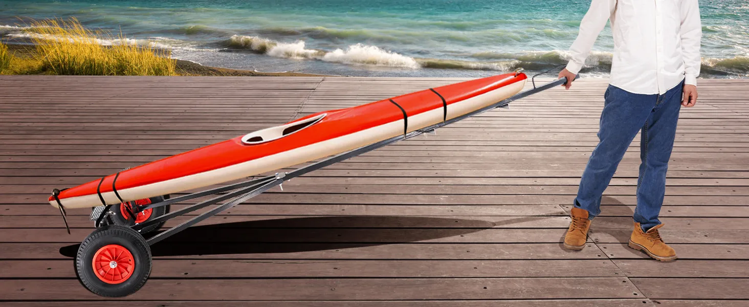 person pulling a kayak with a VEVOR boat trailer dolly on a wooden dock by the sea.