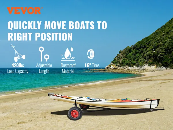 VEVOR boat trailer dolly on a beach, highlighting 420lbs load capacity, adjustable length, rustproof material, and 16" tires.