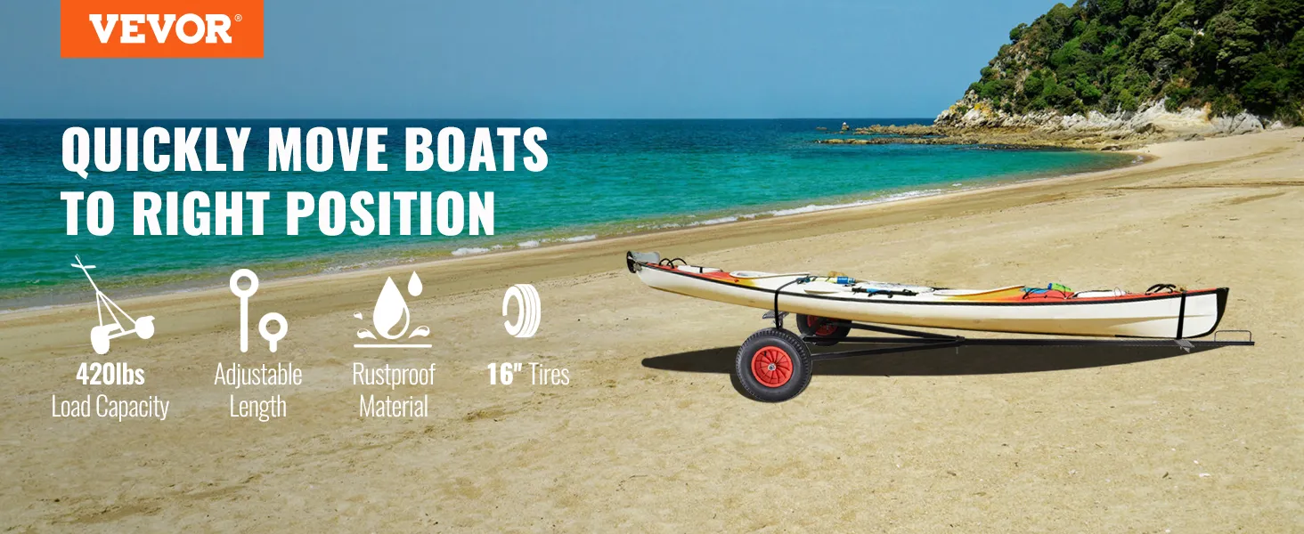VEVOR boat trailer dolly on a beach, highlighting 420lbs load capacity, adjustable length, rustproof material, and 16" tires.