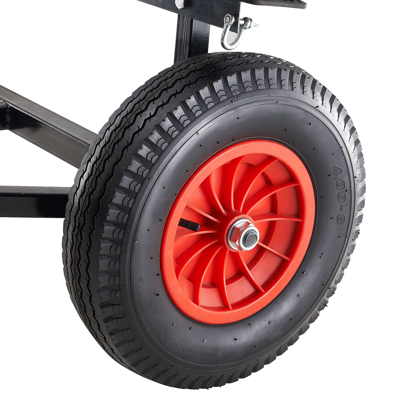 red-rimmed tire with black tread of VEVOR boat trailer dolly, showcasing axle attachment and frame.