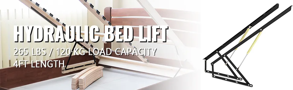 VEVOR bed lift mechanism, 265 lbs load capacity, 4ft length, shown in a wooden bed frame.