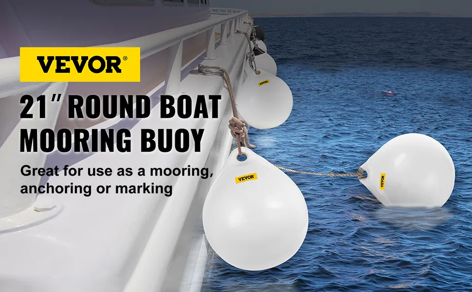 VEVOR boat buoy attached to a boat rail, floating on the ocean for mooring or marking purposes.