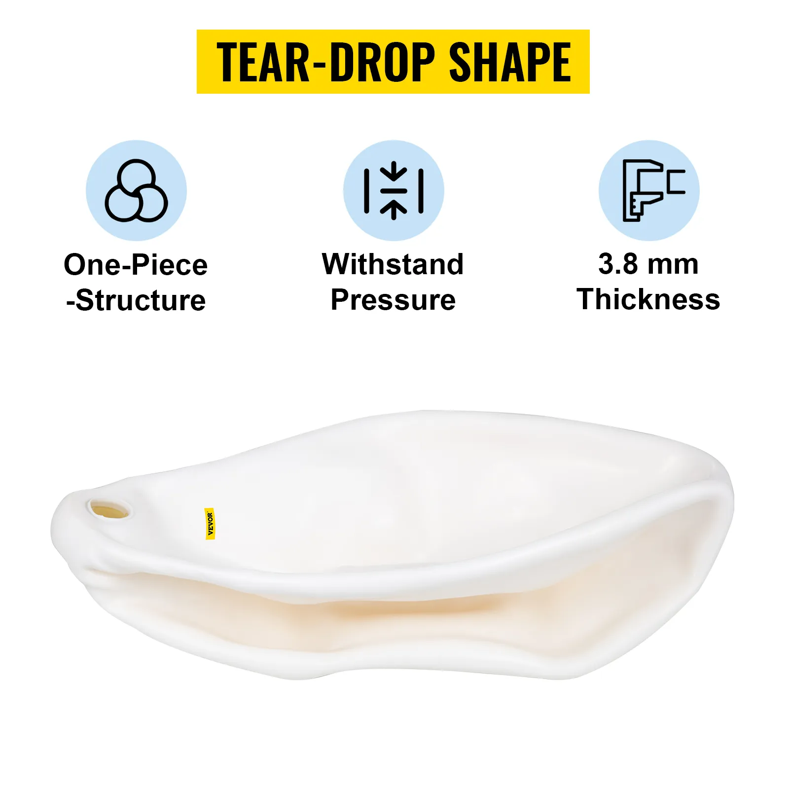 VEVOR boat buoy with tear-drop shape, one-piece structure, withstand pressure, and 3.8 mm thickness.