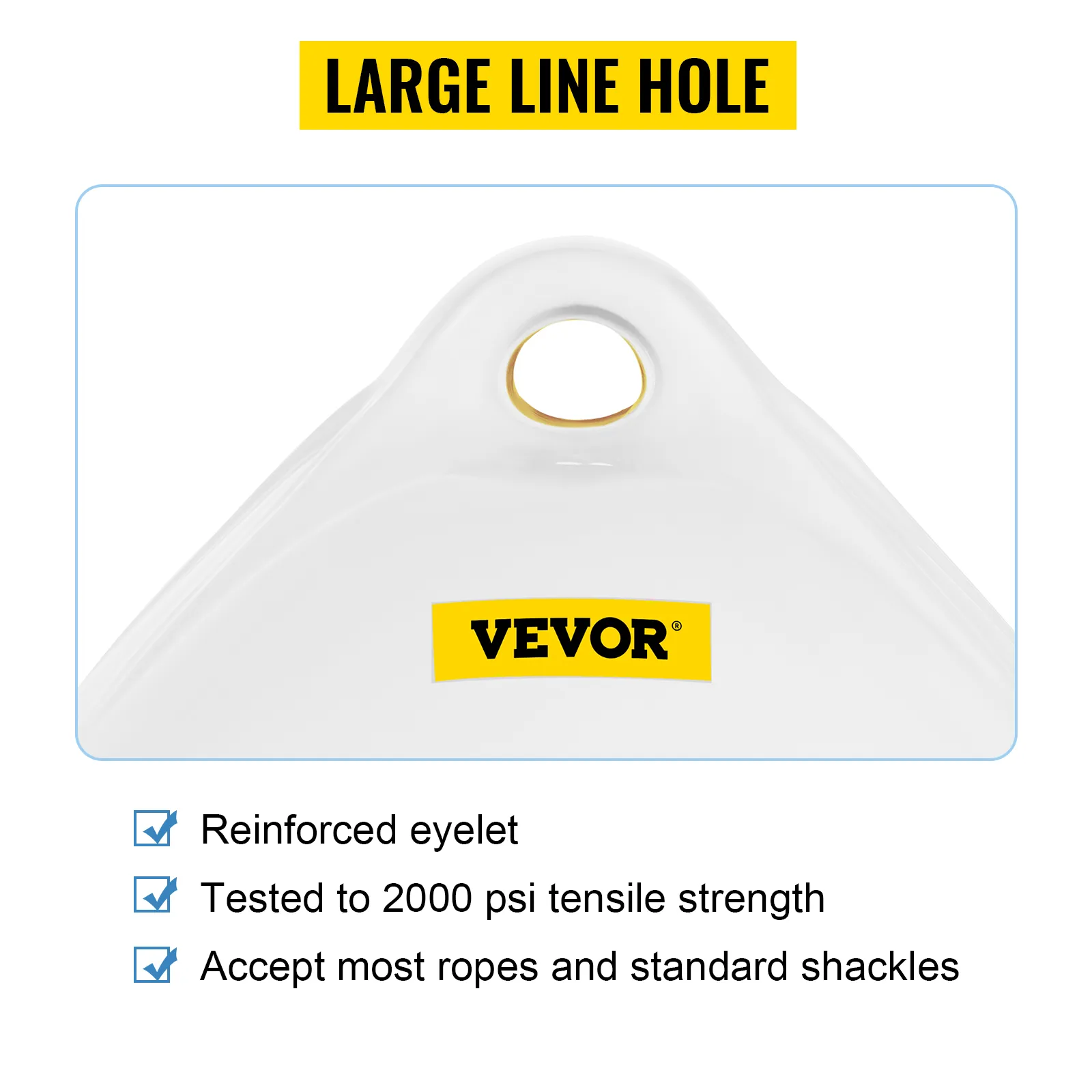 VEVOR boat buoy with reinforced eyelet, large line hole, 2000 psi strength, compatible with ropes and shackles.